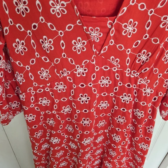 Vibrant Orange Red V-Neck Puff Sleeve Sundress - Picture 4 of 13